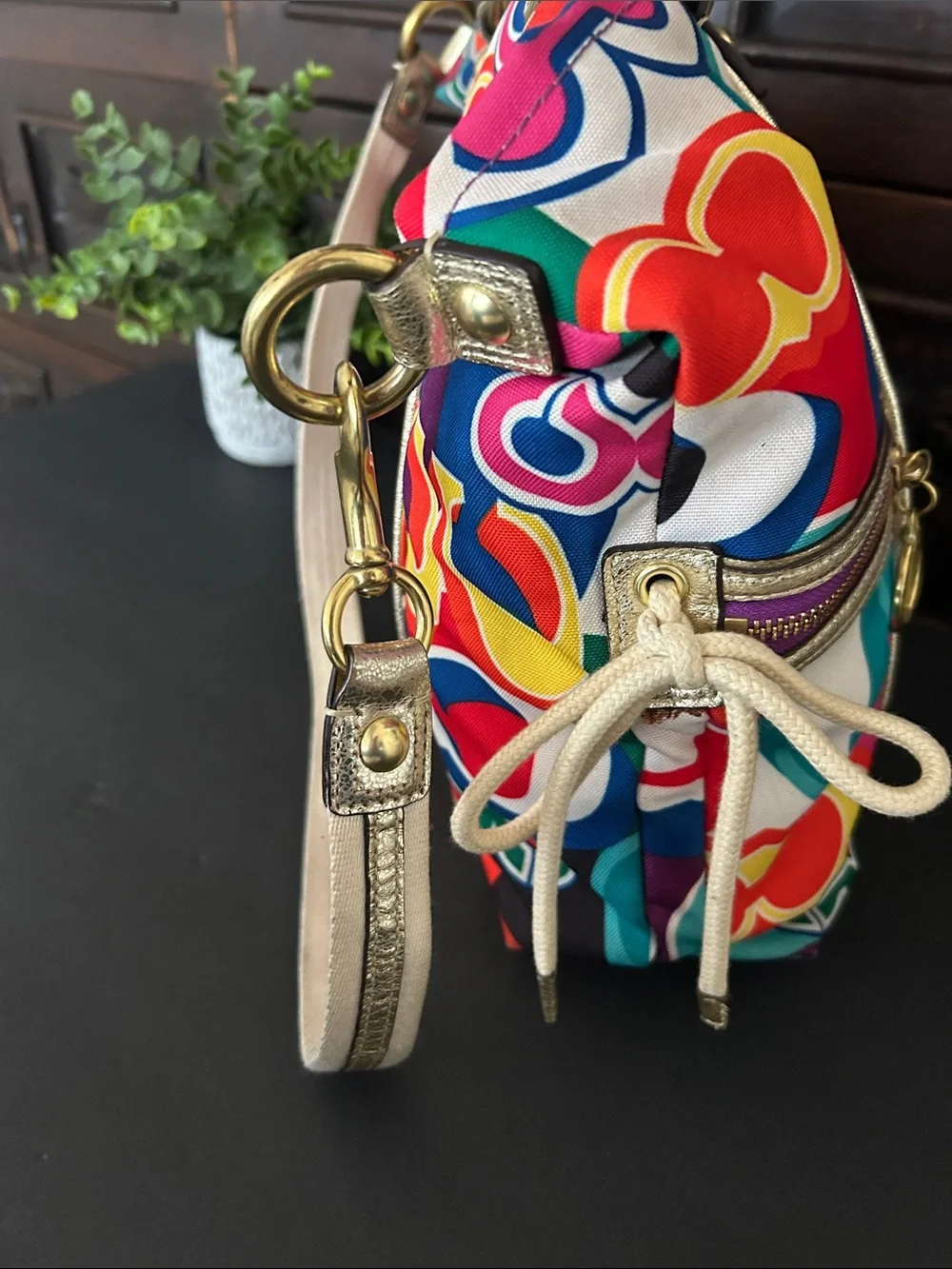 Coach Multicolor Signature Circle Tote with Gold Trim